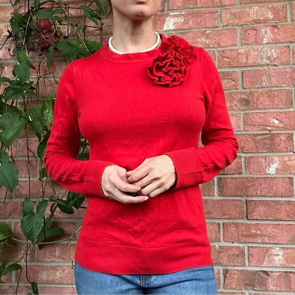Kate Spade Red Floral Rosette Applique Sweater S Cashmere Blend Coquette Holiday - Picture 11 of 12